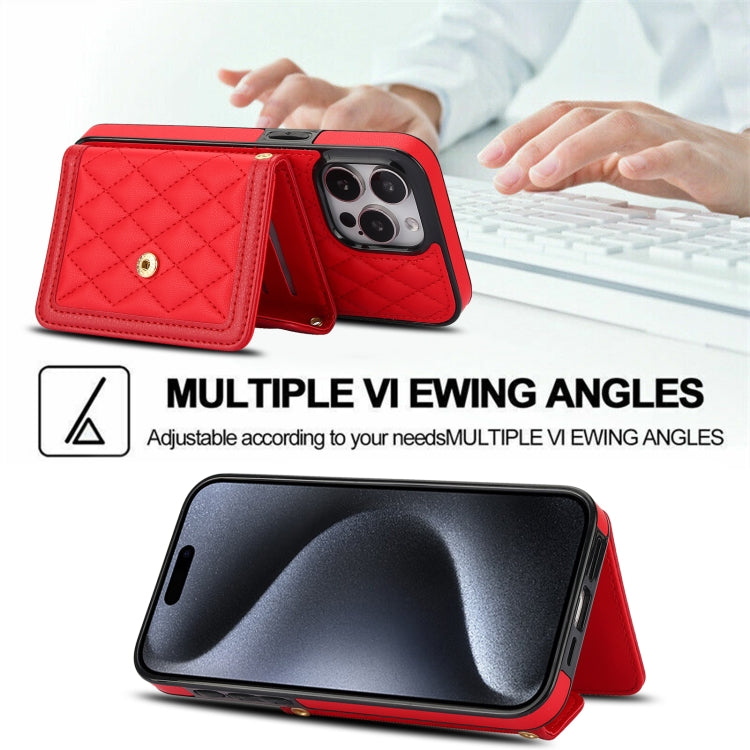 For iPhone 12 mini Splicing Rhombic Texture Card Bag Phone Case with Long Lanyard(Red) - iPhone 12 mini Cases by buy2fix | Online Shopping UK | buy2fix