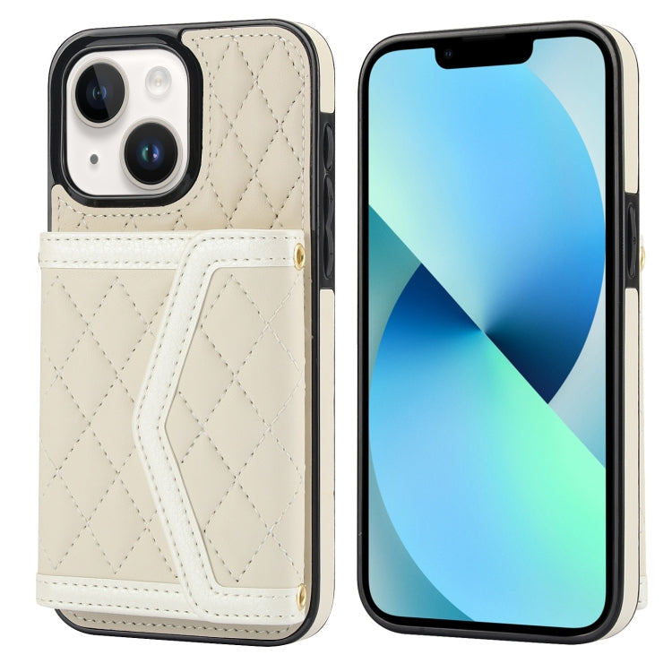 For iPhone 13 mini Splicing Rhombic Texture Card Bag Phone Case with Long Lanyard(Beige) - iPhone 13 mini Cases by buy2fix | Online Shopping UK | buy2fix