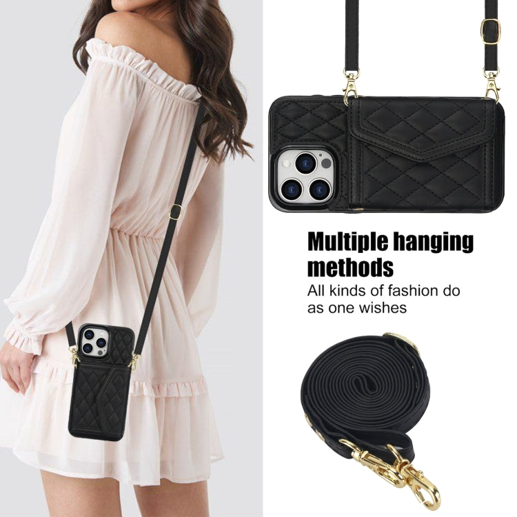 For iPhone 13 mini Splicing Rhombic Texture Card Bag Phone Case with Long Lanyard(Black) - iPhone 13 mini Cases by buy2fix | Online Shopping UK | buy2fix