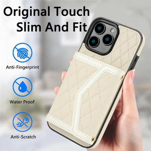 For iPhone 16 Pro Splicing Rhombic Texture Card Bag Phone Case with Long Lanyard(Beige) by buy2fix