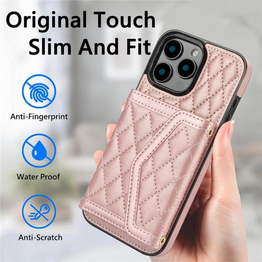 For iPhone 16 Pro Splicing Rhombic Texture Card Bag Phone Case with Long Lanyard(Rose Gold) - iPhone 16 Pro Cases by buy2fix | Online Shopping UK | buy2fix