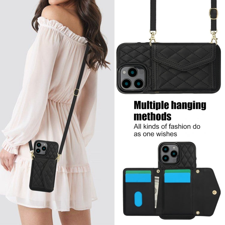 For iPhone 16 Pro Splicing Rhombic Texture Card Bag Phone Case with Long Lanyard(Black) - iPhone 16 Pro Cases by buy2fix | Online Shopping UK | buy2fix