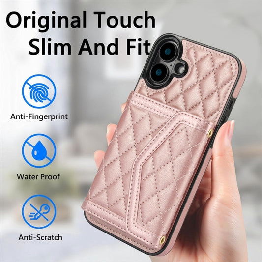 For iPhone 16 Plus Splicing Rhombic Texture Card Bag Phone Case with Long Lanyard(Rose Gold) - iPhone 16 Plus Cases by buy2fix | Online Shopping UK | buy2fix