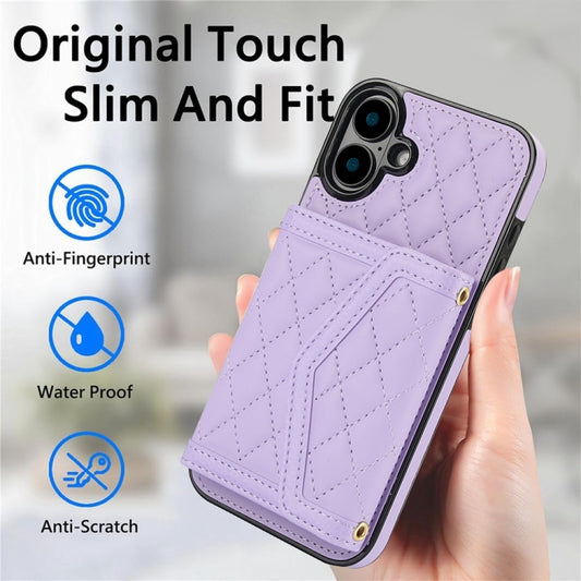 For iPhone 16 Plus Splicing Rhombic Texture Card Bag Phone Case with Long Lanyard(Purple) by buy2fix
