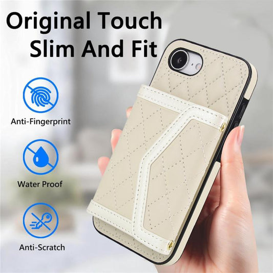 For iPhone 16e Splicing Rhombic Texture Card Bag Phone Case with Long Lanyard(Beige) - iPhone 16e Cases by buy2fix | Online Shopping UK | buy2fix