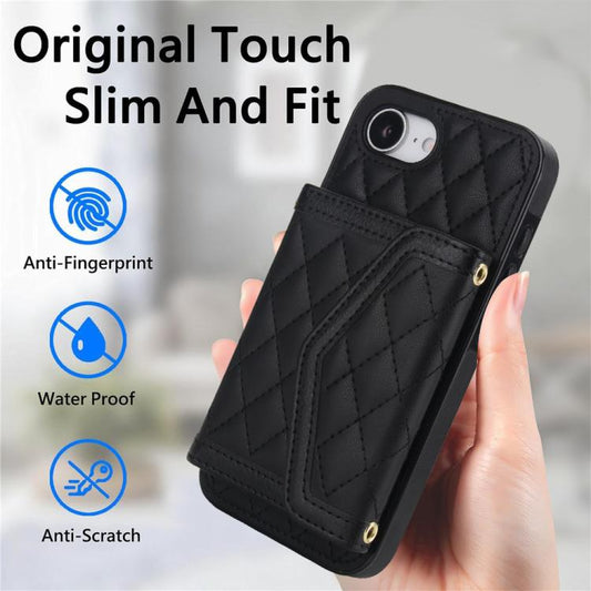 For iPhone 16e Splicing Rhombic Texture Card Bag Phone Case with Long Lanyard(Black) - iPhone 16e Cases by buy2fix | Online Shopping UK | buy2fix
