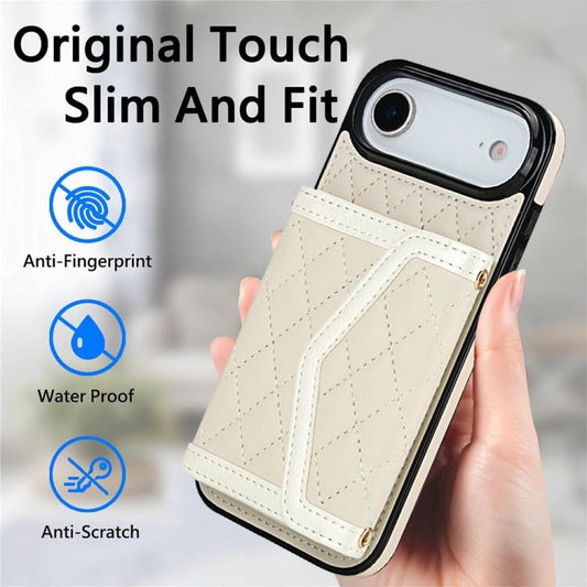 For iPhone Air Splicing Rhombic Texture Card Bag Phone Case with Long Lanyard(Beige) - iPhone Air Cases by buy2fix | Online Shopping UK | buy2fix