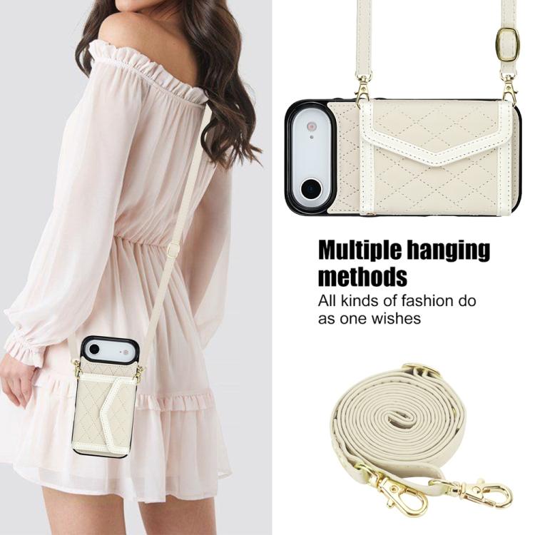 For iPhone Air Splicing Rhombic Texture Card Bag Phone Case with Long Lanyard(Beige) - iPhone Air Cases by buy2fix | Online Shopping UK | buy2fix