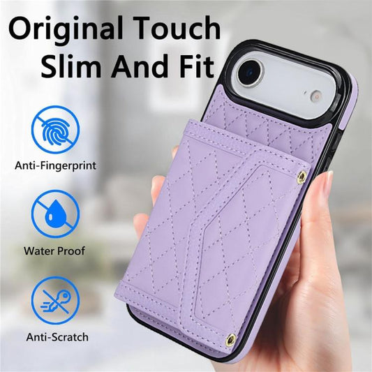 For iPhone Air Splicing Rhombic Texture Card Bag Phone Case with Long Lanyard(Purple) - iPhone Air Cases by buy2fix | Online Shopping UK | buy2fix