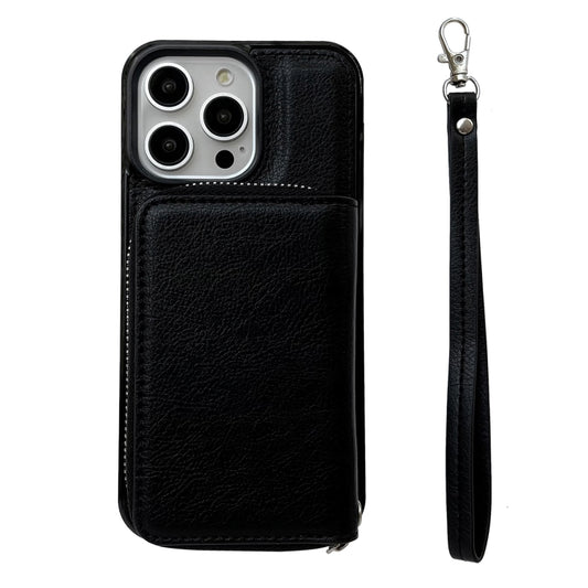 For iPhone 15 Pro Solid Color Zipper 11-Card Slots Bag Phone Case with Lanyard(Black) - iPhone 15 Pro Cases by buy2fix | Online Shopping UK | buy2fix