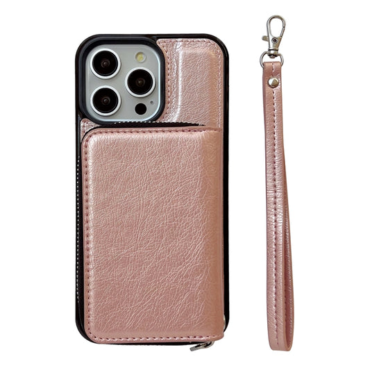 For iPhone 15 Pro Solid Color Zipper 11-Card Slots Bag Phone Case with Lanyard(Rose Gold) - iPhone 15 Pro Cases by buy2fix | Online Shopping UK | buy2fix