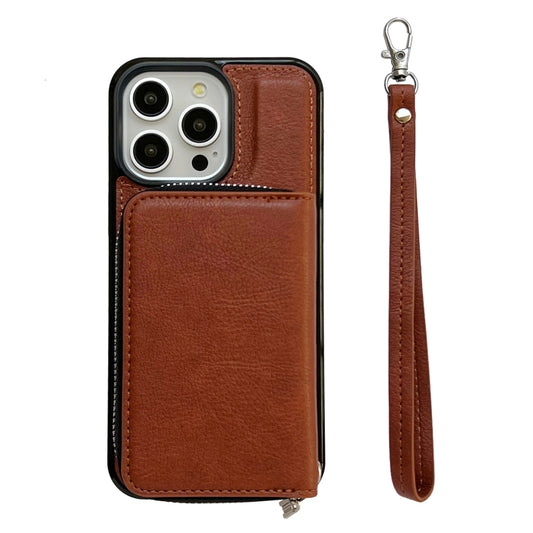 For iPhone 14 Pro Max Solid Color Zipper 11-Card Slots Bag Phone Case with Lanyard(Brown) - iPhone 14 Pro Max Cases by buy2fix | Online Shopping UK | buy2fix