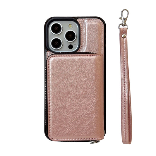For iPhone 16 Pro Max Solid Color Zipper 11-Card Slots Bag Phone Case with Lanyard(Rose Gold) - iPhone 16 Pro Max Cases by buy2fix | Online Shopping UK | buy2fix