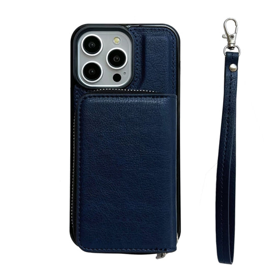For iPhone 16 Pro Solid Color Zipper 11-Card Slots Bag Phone Case with Lanyard(Blue) - iPhone 16 Pro Cases by buy2fix | Online Shopping UK | buy2fix