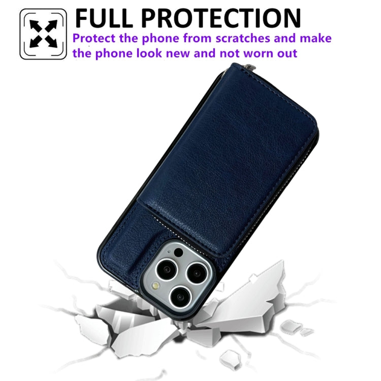For iPhone 16 Pro Solid Color Zipper 11-Card Slots Bag Phone Case with Lanyard(Blue) - iPhone 16 Pro Cases by buy2fix | Online Shopping UK | buy2fix