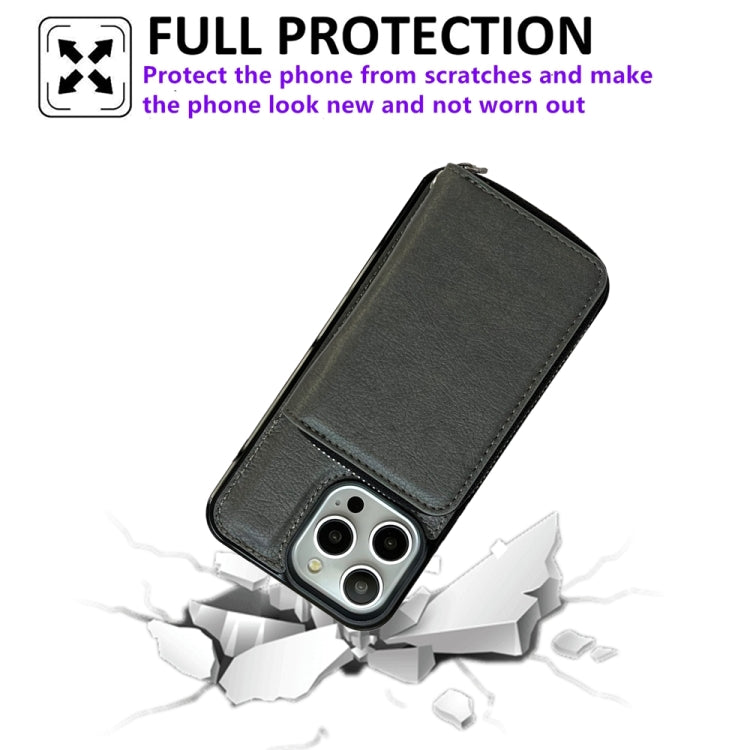 For iPhone 16 Pro Solid Color Zipper 11-Card Slots Bag Phone Case with Lanyard(Grey) - iPhone 16 Pro Cases by buy2fix | Online Shopping UK | buy2fix