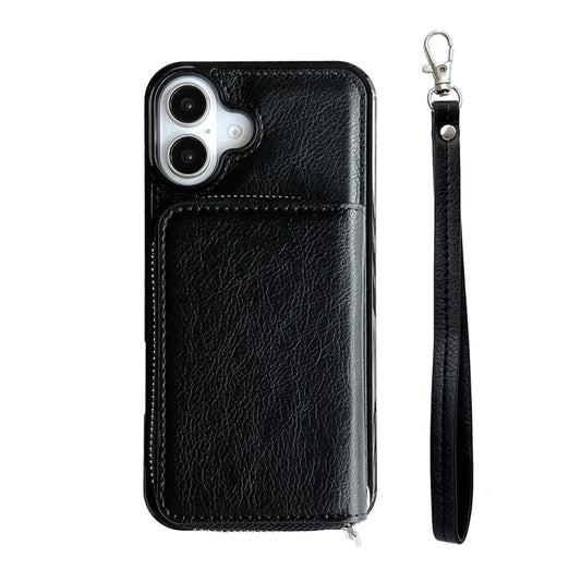 For iPhone 16 Plus Solid Color Zipper 11-Card Slots Bag Phone Case with Lanyard(Black) - iPhone 16 Plus Cases by buy2fix | Online Shopping UK | buy2fix
