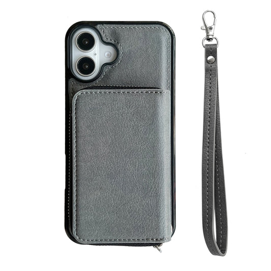 For iPhone 16 Plus Solid Color Zipper 11-Card Slots Bag Phone Case with Lanyard(Grey) - iPhone 16 Plus Cases by buy2fix | Online Shopping UK | buy2fix