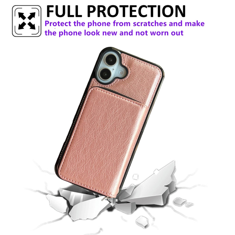 For iPhone 16 Plus Solid Color Zipper 11-Card Slots Bag Phone Case with Lanyard(Rose Gold) by buy2fix