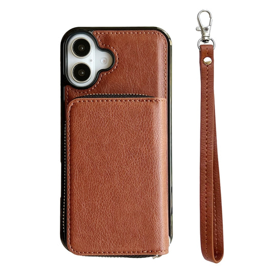 For iPhone 16 Plus Solid Color Zipper 11-Card Slots Bag Phone Case with Lanyard(Brown) - iPhone 16 Plus Cases by buy2fix | Online Shopping UK | buy2fix