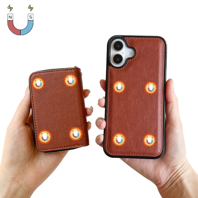 For iPhone 16 Plus Solid Color Zipper 11-Card Slots Bag Phone Case with Lanyard(Brown) - iPhone 16 Plus Cases by buy2fix | Online Shopping UK | buy2fix