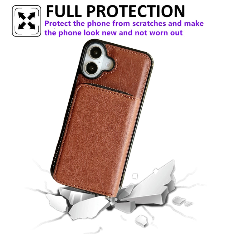For iPhone 16 Plus Solid Color Zipper 11-Card Slots Bag Phone Case with Lanyard(Brown) - iPhone 16 Plus Cases by buy2fix | Online Shopping UK | buy2fix