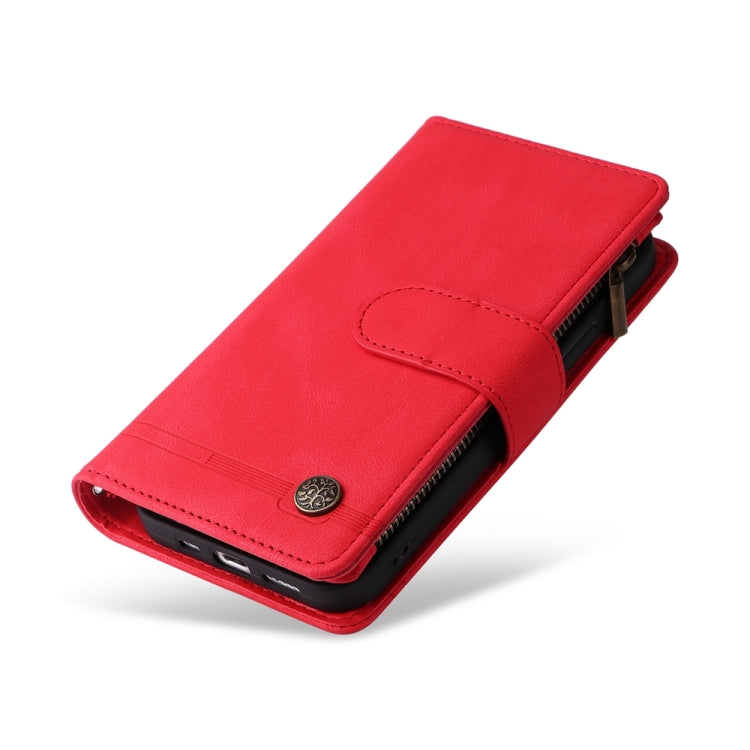 For iPhone 16 Pro Max Skin Feel Multi-Card Wallet Zipper Leather Phone Case(Red) by buy2fix