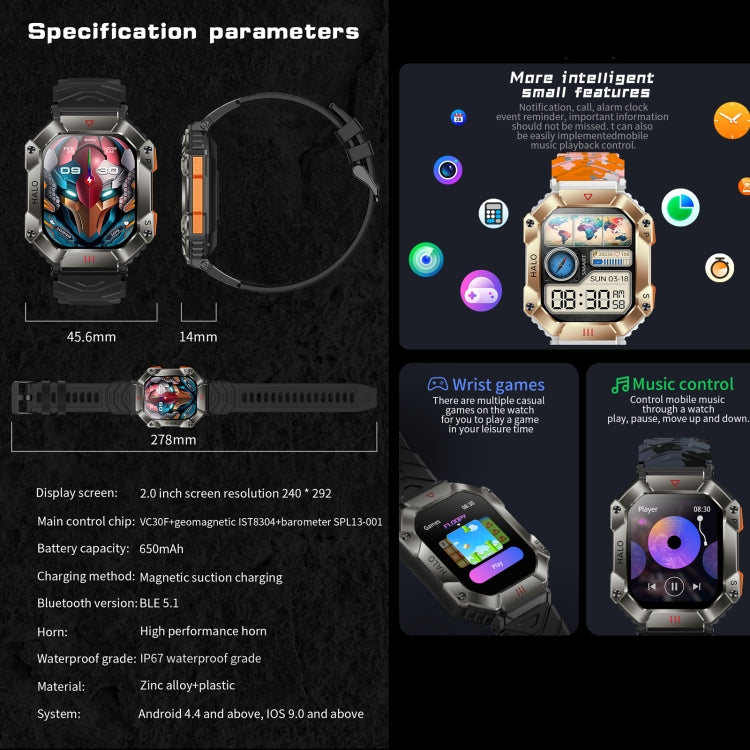 KR80 2.0 inch BT5.1 IP67 Sport Smart Watch, Support Bluetooth Call / Sleep / Blood Oxygen / Heart Rate / Blood Pressure Health Monitor(Black) by buy2fix