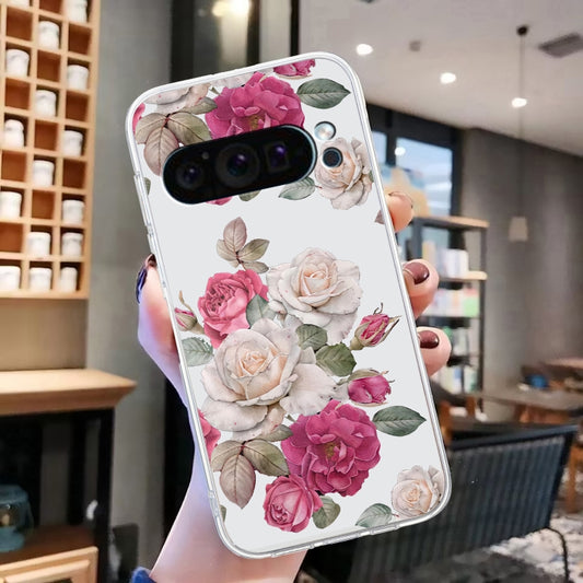 For Google Pixel 9 Pro Colored Drawing Pattern Transparent TPU Phone Case(Peony) by buy2fix