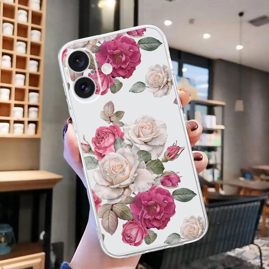 For iPhone 16 Colored Drawing Pattern Transparent TPU Phone Case(Peony) by buy2fix