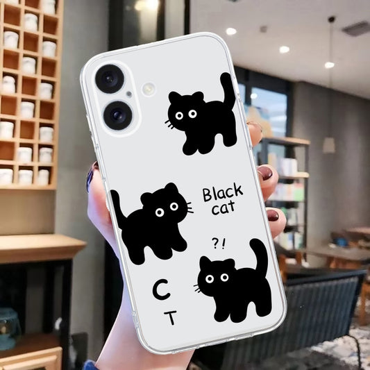 For iPhone 16 Colored Drawing Pattern Transparent TPU Phone Case(Black Cat) by buy2fix