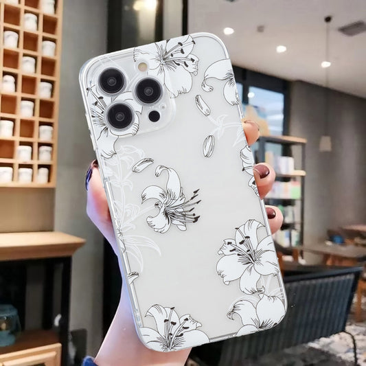 For iPhone 16 Pro Colored Drawing Pattern Transparent TPU Phone Case(White Flower) by buy2fix