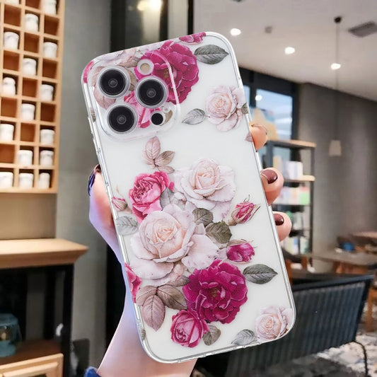 For iPhone 16 Pro Colored Drawing Pattern Transparent TPU Phone Case(Peony) by buy2fix