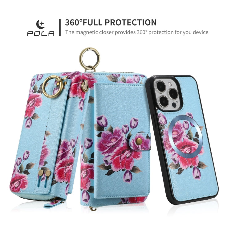 For iPhone 15 Pro POLA MagSafe Flower Multi-functional Zipper Wallet Leather Phone Case(Sky Blue) - iPhone 15 Pro Cases by buy2fix | Online Shopping UK | buy2fix