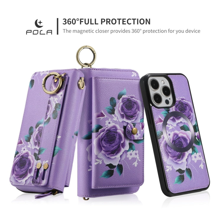 For iPhone 15 Pro POLA MagSafe Flower Multi-functional Zipper Wallet Leather Phone Case(Purple) - iPhone 15 Pro Cases by buy2fix | Online Shopping UK | buy2fix