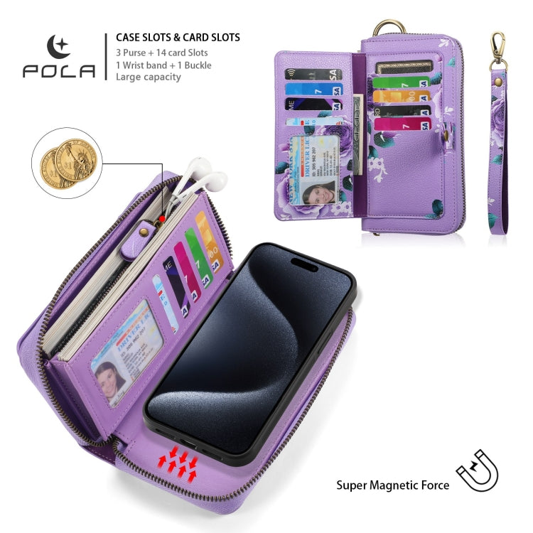 For iPhone 15 Pro POLA MagSafe Flower Multi-functional Zipper Wallet Leather Phone Case(Purple) - iPhone 15 Pro Cases by buy2fix | Online Shopping UK | buy2fix