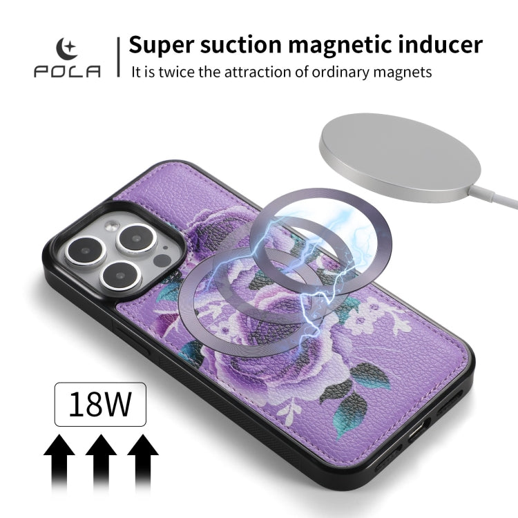 For iPhone 15 Pro POLA MagSafe Flower Multi-functional Zipper Wallet Leather Phone Case(Purple) - iPhone 15 Pro Cases by buy2fix | Online Shopping UK | buy2fix