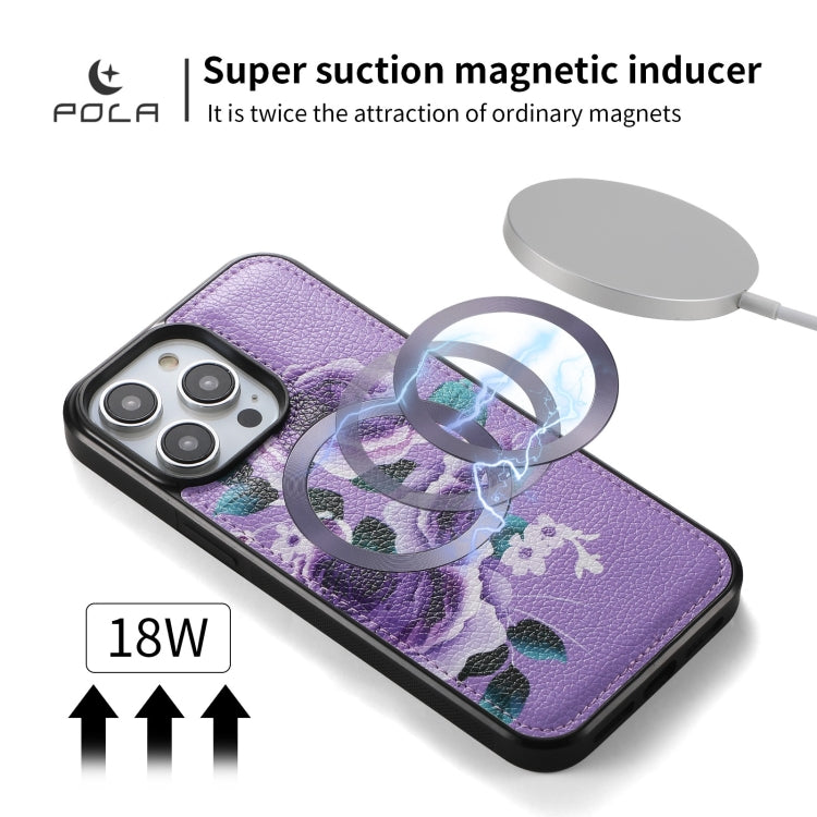 For iPhone 14 Plus POLA MagSafe Flower Multi-functional Zipper Wallet Leather Phone Case(Purple) - iPhone 14 Plus Cases by buy2fix | Online Shopping UK | buy2fix