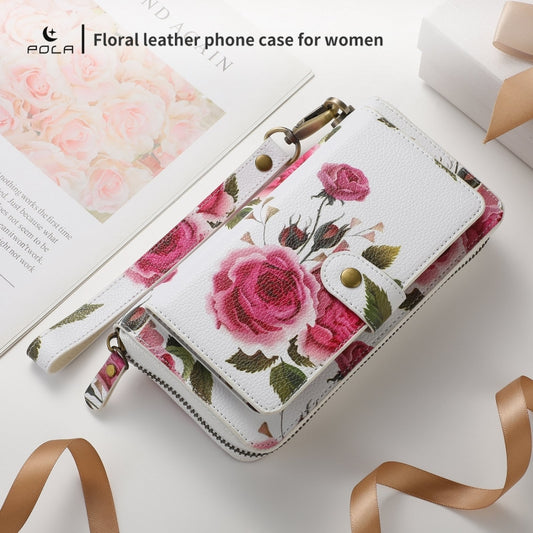 For iPhone 14 Pro Max POLA MagSafe Flower Multi-functional Zipper Wallet Leather Phone Case(Beige) - iPhone 14 Pro Max Cases by buy2fix | Online Shopping UK | buy2fix