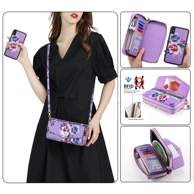 For iPhone X / XS POLA Flower Multi-functional Crossbody Zipper Wallet Leather Phone Case(Purple) - More iPhone Cases by buy2fix | Online Shopping UK | buy2fix