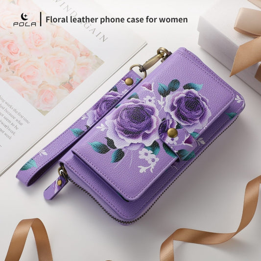 For iPhone X / XS POLA Flower Multi-functional Zipper Wallet Leather Phone Case(Purple) - More iPhone Cases by buy2fix | Online Shopping UK | buy2fix