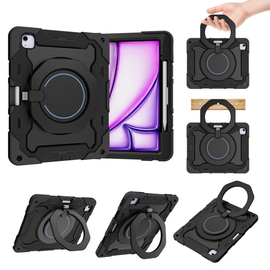 For iPad Air 13 2024 / 2025 Armor Portable Rotating Ring Holder Silicone Tablet Case with Pen Slot(Black) - iPad Air 13 2025 / 2024 Cases by buy2fix | Online Shopping UK | buy2fix