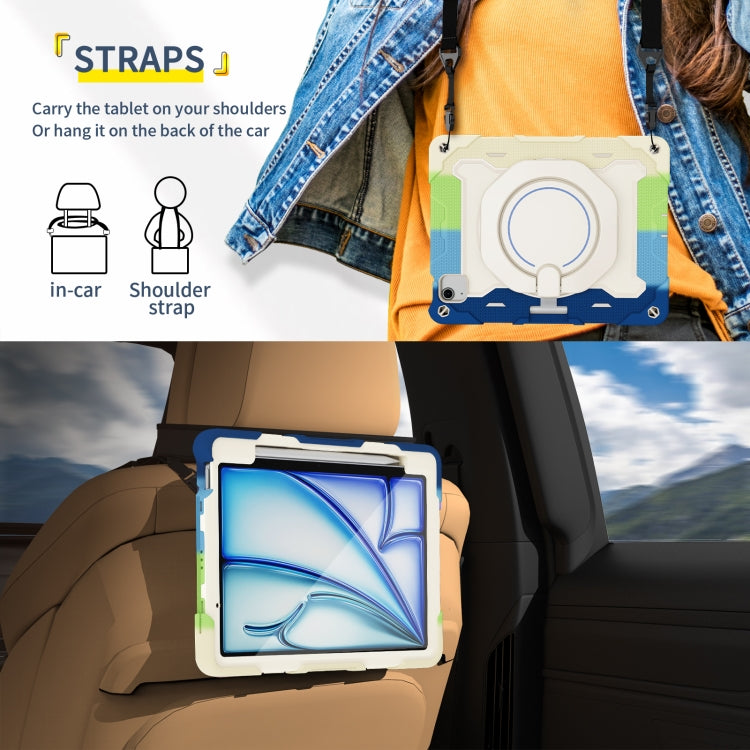 For iPad Air 11 2024 / 2025 Armor Portable Rotating Ring Holder Silicone Tablet Case with Pen Slot(Colorful Blue) by buy2fix