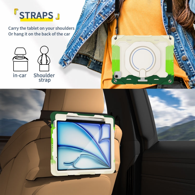 For iPad Air 11 2024 / 2025 Armor Portable Rotating Ring Holder Silicone Tablet Case with Pen Slot(Colorful Green) by buy2fix