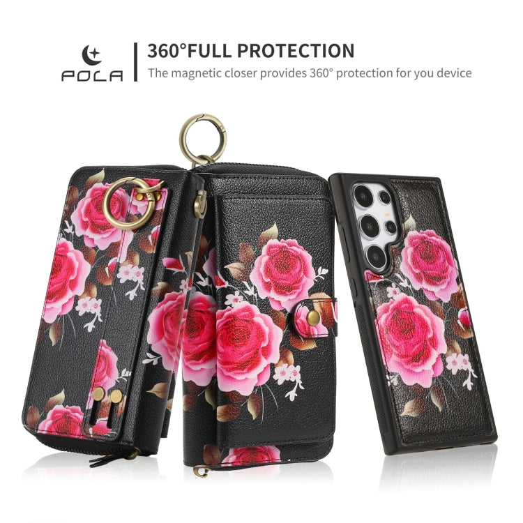For Samsung Galaxy S24 5G POLA Flower Multi-functional Zipper Wallet Leather Phone Case(Black) - Galaxy S24 5G Cases by buy2fix | Online Shopping UK | buy2fix
