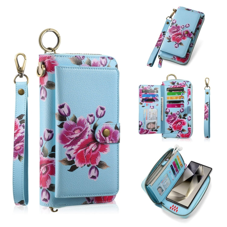 For Samsung Galaxy S24 5G POLA Flower Multi-functional Zipper Wallet Leather Phone Case(Sky Blue) - Galaxy S24 5G Cases by buy2fix | Online Shopping UK | buy2fix