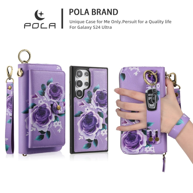For Samsung Galaxy S24 5G POLA Flower Multi-functional Zipper Wallet Leather Phone Case(Purple) - Galaxy S24 5G Cases by buy2fix | Online Shopping UK | buy2fix