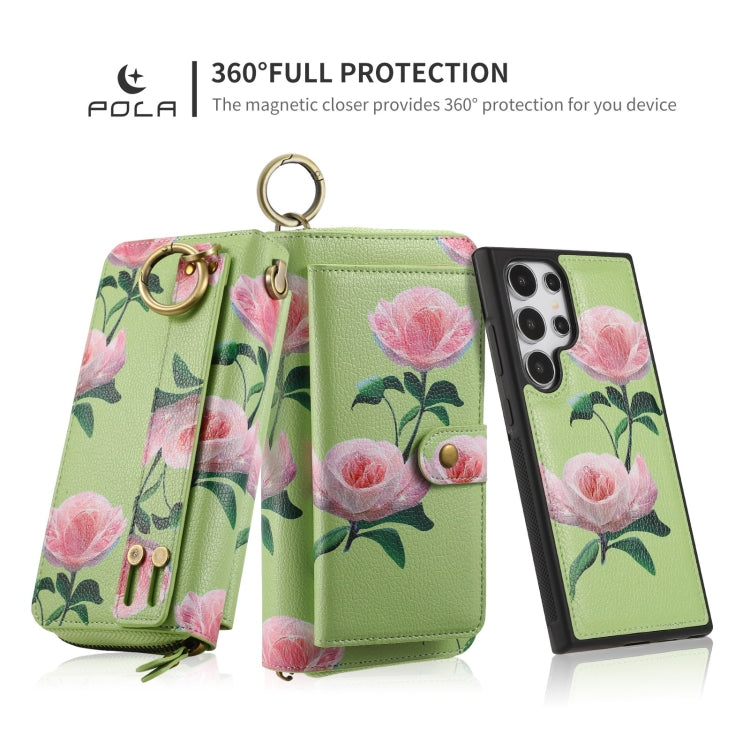 For Samsung Galaxy S24+ 5G POLA Flower Multi-functional Zipper Wallet Leather Phone Case(Green) - Galaxy S24+ 5G Cases by buy2fix | Online Shopping UK | buy2fix
