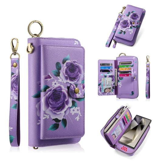 For Samsung Galaxy S24+ 5G POLA Flower Multi-functional Zipper Wallet Leather Phone Case(Purple) - Galaxy S24+ 5G Cases by buy2fix | Online Shopping UK | buy2fix