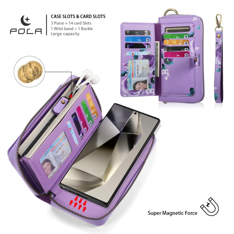 For Samsung Galaxy S24+ 5G POLA Flower Multi-functional Zipper Wallet Leather Phone Case(Purple) - Galaxy S24+ 5G Cases by buy2fix | Online Shopping UK | buy2fix